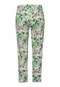 Pantalon slim à motif floral vert, crème et lavande, poches arrière et taille mi-haute.