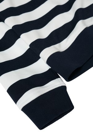 Felpa a righe blu navy e bianche con polsini a coste. Il tessuto sembra morbido e confortevole, con un motivo audace di righe uniformi.