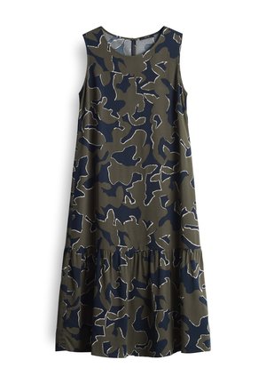 Robe sans manches en vert olive avec des motifs abstraits bleu marine et des contours blancs. Dotée d'un ourlet volé et d'un col rond.