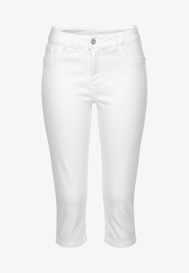 Jeans blancos ajustados fabricados en una mezcla de algodón, que cuentan con un diseño clásico de cinco bolsillos, pasadores para cinturón y un cierre de botón en la cintura.