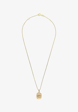 Goldene Halskette mit einer dünnen Kette und einem strukturierten ovalen Anhänger. Der Anhänger hat eine unregelmäßige Oberfläche und hängt von einem Schlaufenanhänger ab.