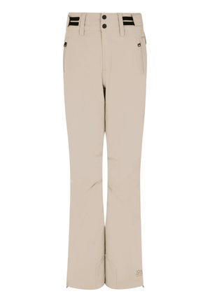 Beige snow pants made from water-resistant material, featuring a straight leg design, two side pockets, and contrasting black accents at the waist.
