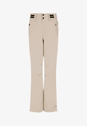 Pantaloni da neve beige realizzati in materiale resistente all'acqua, con un design a gamba dritta, due tasche laterali e dettagli neri a contrasto in vita.