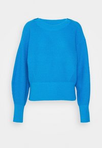 Pull tricoté bleu vif avec manches longues bouffantes, poignets côtelés, ourlet et encolure ronde sur fond blanc.