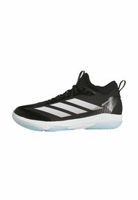 Black athletic shoes with white stripes and a textured upper, featuring a white sole with a translucent outsole and a pull tab at the heel.