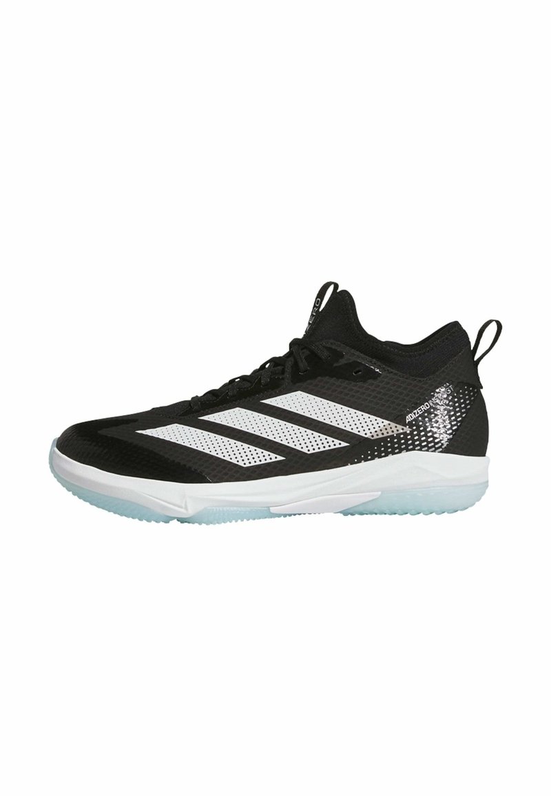 Black athletic shoes with white stripes and a textured upper, featuring a white sole with a translucent outsole and a pull tab at the heel.