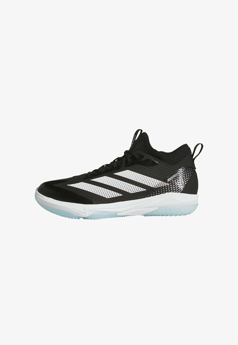 Black athletic shoes with white stripes and a textured upper, featuring a white sole with a translucent outsole and a pull tab at the heel.