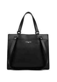 Sac fourre-tout structuré noir en cuir texturé, doté de poignées doubles et de quincaillerie argentée. Logo "Lancaster" embossé à l'avant.