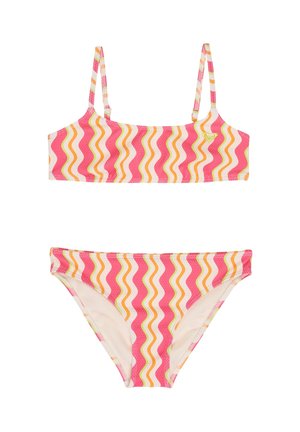 Dwuczęściowy strój kąpielowy z różowo-pomarańczowo-biało-zielonymi falistymi paskami, z cienkimi ramiączkami i małym logo w kształcie serca na górze.