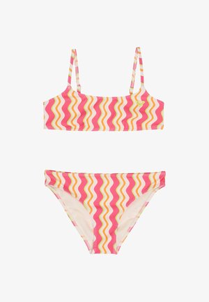 Zweiteiliger Badeanzug mit pinken, orangen, weißen und grünen wellenförmigen Streifen, ausgestattet mit dünnen Schulterriemen und einem kleinen Herz-Logo auf dem Oberteil.