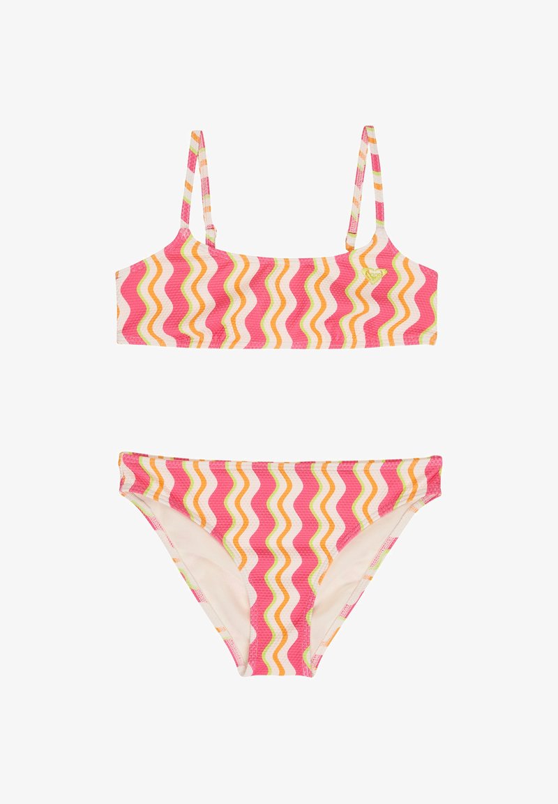 Maillot de bain deux pièces avec des rayures ondulées roses, oranges, blanches et vertes, doté de fines bretelles et d'un petit logo en forme de cœur sur le haut.