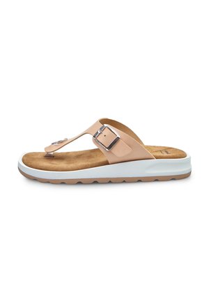 Light pink thong sandal with a silver buckle, brown suede insole, and a white cushioned outer sole. Flat design with grip pattern.
