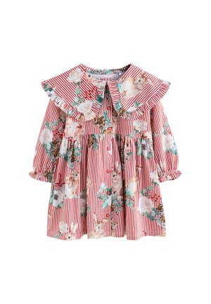Gestreiftes Kleid in Rot und Weiß mit Blumen- und Hasenmotiven, großem Rüschencollar, langen Puffärmeln und Frontknopfverschluss. Weicher Stoff.