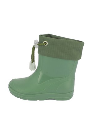 Green rubber rain boot with knitted cuff and adjustable drawstring closure on white background.