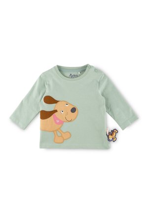 Mintgrünes Langarmshirt mit einem Grafikdesign eines braunen Hundes mit einem rosa Halsband. Zwei Druckknöpfe an der Schulter. Enthält ein hundeförmiges Etikett an der Seite.