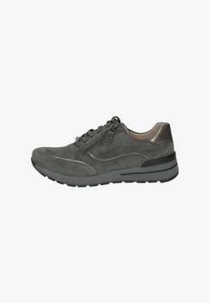 Gray suede shoe with a textured finish, lace-up design, side zip, and a chunky black rubber sole. Features a metallic accent on the heel.