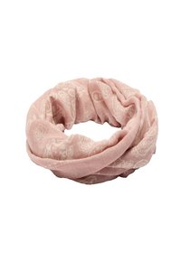 Różowy szalik w nieskończoność wykonany z lekkiego materiału, z białym wzorem kwiatowym, o miękkiej fakturze i ciągłym designie w pętlę.