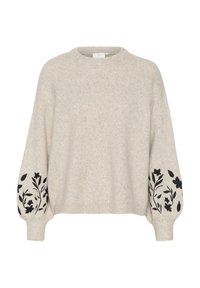 Hellgrauer Pullover mit rundem Halsausschnitt, übergroßen Ärmeln und schwarzer Blumenstickerei an den Manschetten. Weiche Textur mit lässiger Passform.