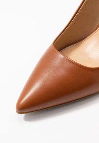 Escarpin en cuir marron à bout pointu avec une texture lisse et un design à coupe basse, présentant une légère brillance sur la surface supérieure.