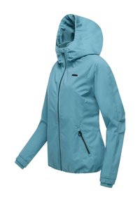 Lyseblå hettejakke med glidelås foran, elastiske mansjetter og snøring i midjen. Har en sidelomme med glidelås.