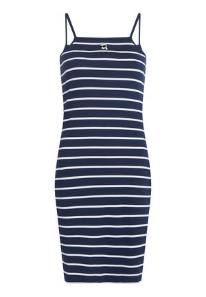 Rochie albastru marin cu bretele spaghetti, dungi orizontale albe și o mică figură brodată cu ochelari de soare lângă decolteu.