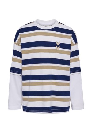 Langärmeliges Hemd mit horizontalen Streifen in Marineblau, Beige und Weiß sowie zwei hellbraunen Chevron-Aufnähern auf der linken Brust.