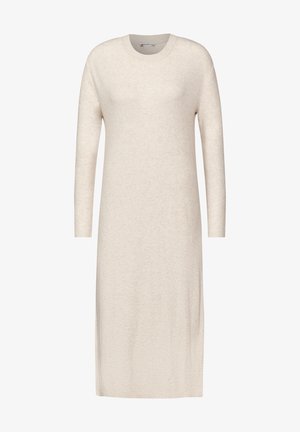 Sukienka do kolan z długim rękawem, uszyta z miękkiego materiału w kremowym kolorze o prążkowanej fakturze i okrągłym dekolcie. Prosty, prosty krój bez wzorów i ozdób.
