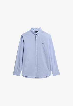 Camicia azzurro chiaro con maniche lunghe e bottoni, con colletto, caratterizzata da un piccolo logo nero sul petto, realizzata in un tessuto liscio.