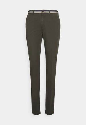 Olive green pants made of cotton, featuring a straight cut, a contrasting striped waistband, and rolled cuffs for a tailored look.