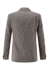 Grauer Wollblazer mit geradem Schnitt, Reverskragen, Drei-Knopf-Verschluss und dekorativen schwarzen Knöpfen an den Ärmelbündchen; strukturierter Stoff.