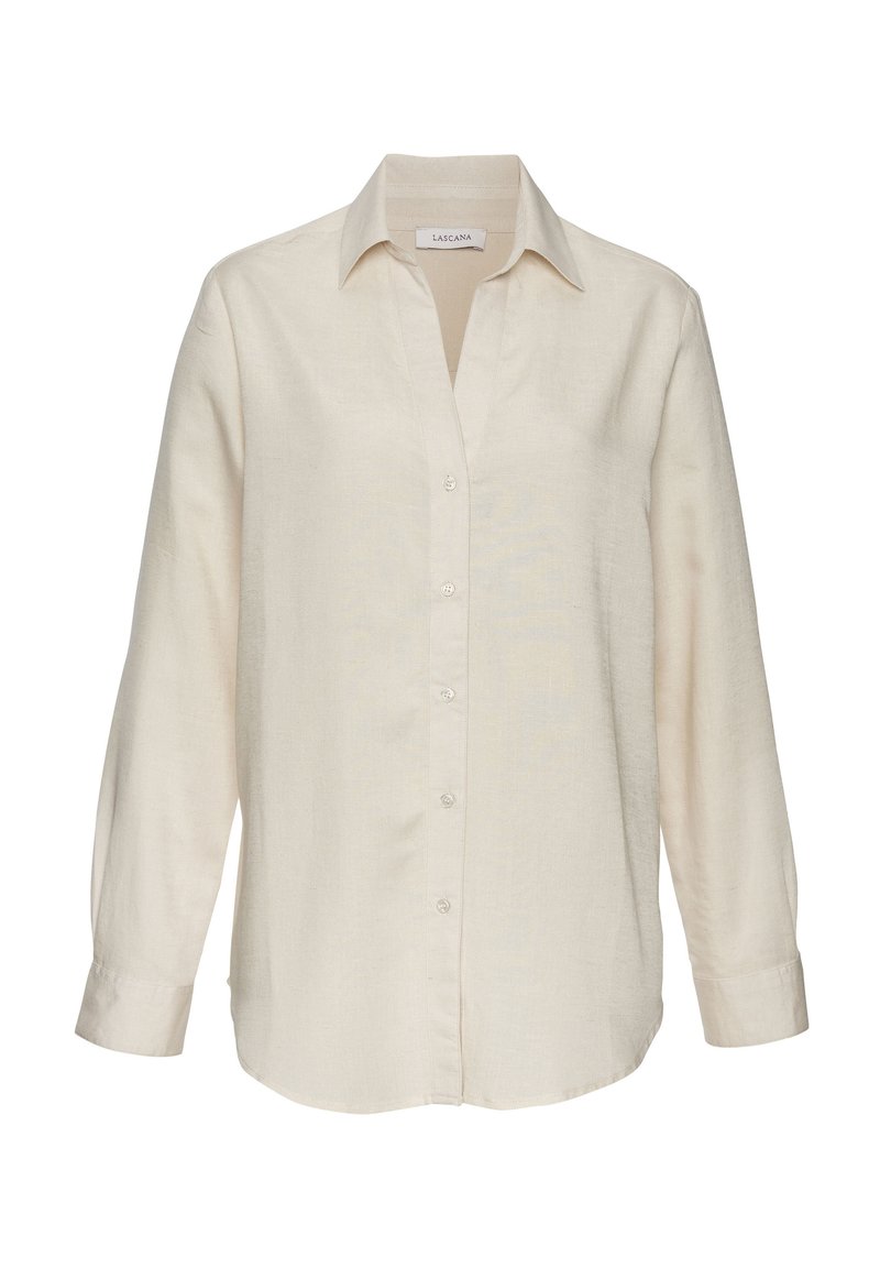Camicia button-up color crema con maniche lunghe, colletto e vestibilità comoda. Realizzata in tessuto leggero e testurizzato.