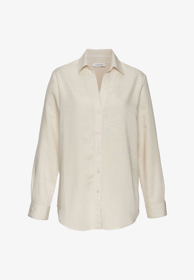 Svetlo bež srajca z gumbi in dolgimi rokavi, ovratnikom in sproščenim krojem. Iz lahkega, teksturiranega materiala.
