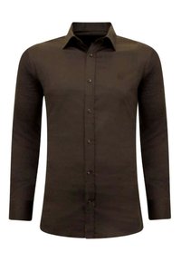 Bruine longsleeve shirt van gladde stof, met een kraag met knopen en een subtiel logo op de linkerborst, met een getailleerde pasvorm.