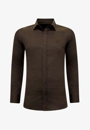 Bruine longsleeve shirt van gladde stof, met een kraag met knopen en een subtiel logo op de linkerborst, met een getailleerde pasvorm.