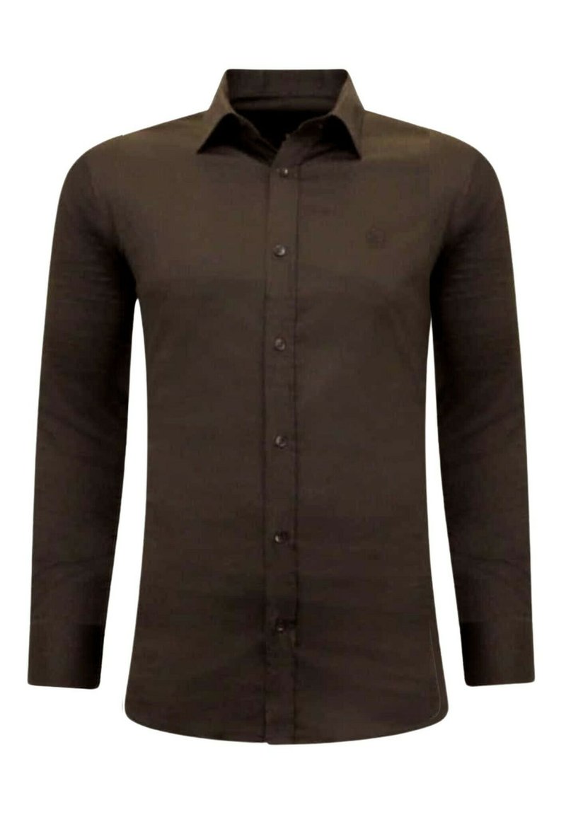 Bruine longsleeve shirt van gladde stof, met een kraag met knopen en een subtiel logo op de linkerborst, met een getailleerde pasvorm.