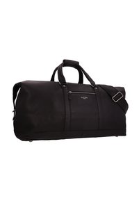 Sort læder duffel taske med en tekstureret overflade, en lynlåslomme, dobbelte håndtag og en justerbar skulderrem. Udsmykket med sølvfarvet hardware.