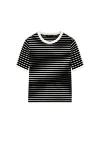 Schwarzes kurzärmeliges Hemd mit weißen horizontalen Streifen und weißem Rand am Kragen und an den Ärmelsäumen.