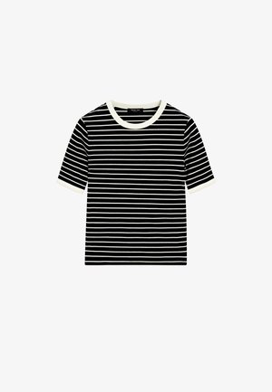 Schwarzes kurzärmeliges Hemd mit weißen horizontalen Streifen und weißem Rand am Kragen und an den Ärmelsäumen.