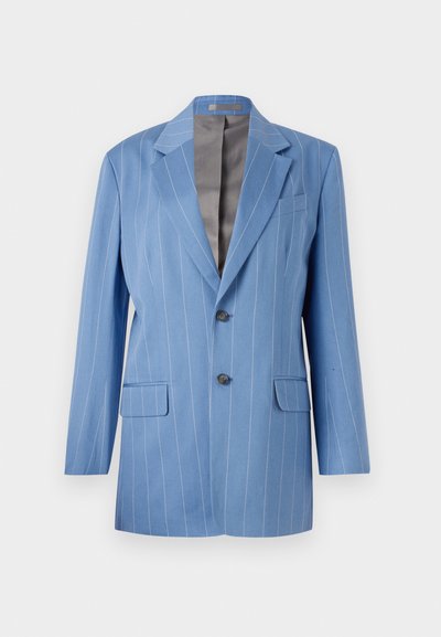 Light blue pinstripe blazer with two front pockets, two buttons, and a notched collar. Features a smooth, gray interior lining.