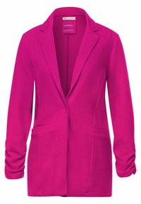 Fuksjowa marynarka z klapami, zapinana na jeden guzik, z dwoma przednimi kieszeniami i teksturowaną tkaniną. Dopasowane rękawy z marszczeniem.