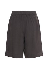 Pantaloni corti neri in cotone con vita elasticizzata, vestibilità ampia e gambe di lunghezza media, senza hardware visibile o pattern.