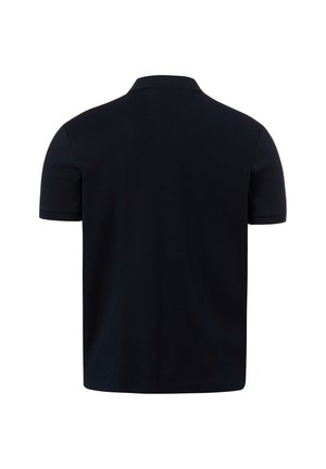 Zwart effen poloshirt met korte mouwen, gezien van de achterkant, met een klassieke kraag en zonder zichtbare logo's of patronen.