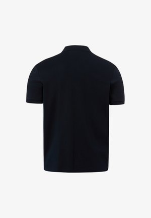 Zwart effen poloshirt met korte mouwen, gezien van de achterkant, met een klassieke kraag en zonder zichtbare logo's of patronen.