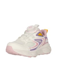White athletic shoe with pink, purple, and yellow accents, mesh panels, thick sole, and a round dial closure on top.