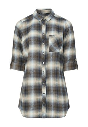 Koszula w kratę z długim rękawem w kolorach niebieskim, brązowym i kremowym, z zapięciem na guziki z przodu, jedną kieszenią na piersi oraz detalem podwiniętego rękawa.