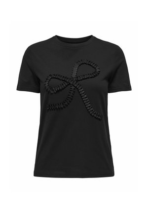 Czarny t-shirt z krótkim rękawem z teksturowanym czarnym kokardkowym wzorem umieszczonym na środku klatki piersiowej.