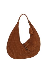 Braune Hobo-Tasche aus gewebtem Wildleder mit geschwungener Form, Reißverschluss und abnehmbarem Riemen. Verfügt über ein Lederetikett mit Markenlogo.