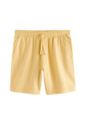 Hellgelbe lässige Shorts mit elastischem Bund, verstellbarem Kordelzug und seitlichen Taschen, auf weißem Hintergrund dargestellt.