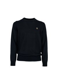 Maglione nero lavorato a maglia con collo rotondo, polsini e orlo a costine, con un piccolo logo dorato sul petto. Tessuto morbido e vestibilità standard.