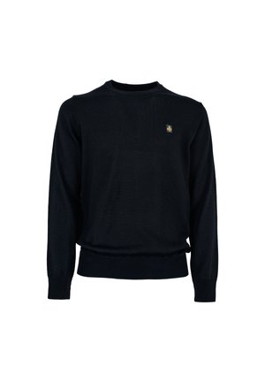 Maglione nero lavorato a maglia con collo rotondo, polsini e orlo a costine, con un piccolo logo dorato sul petto. Tessuto morbido e vestibilità standard.